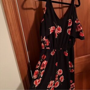 Black and Red floral Maurices jumpsuit with cold shoulder